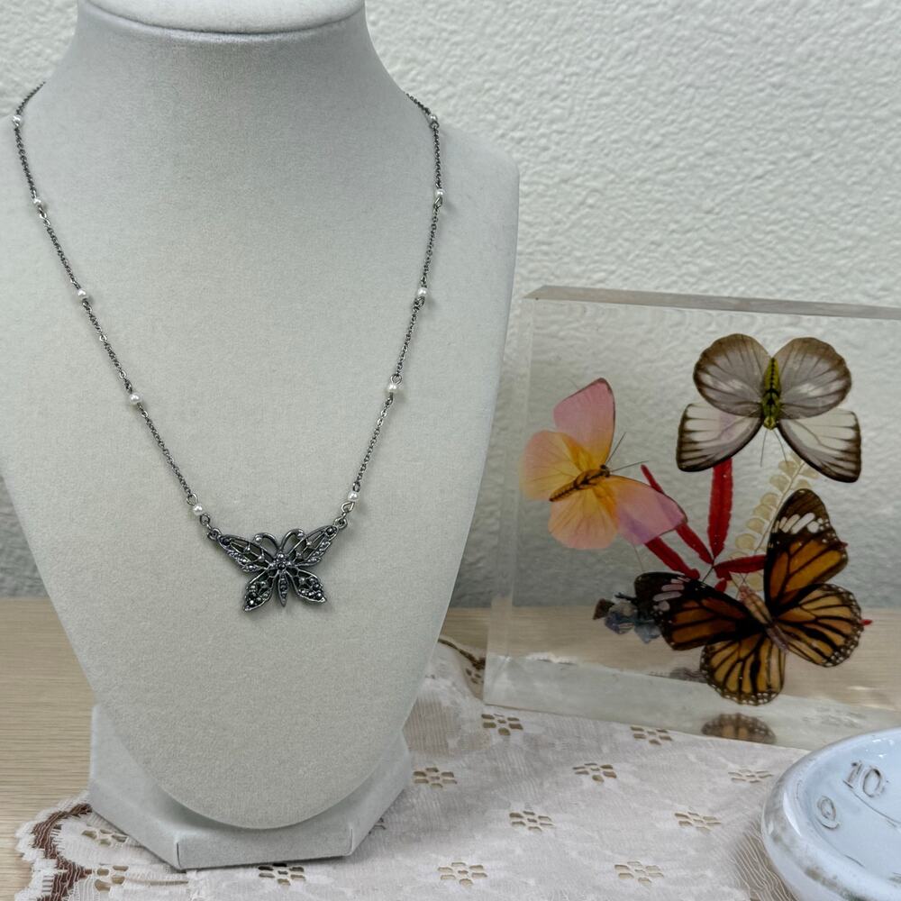 1928 Silver Tone Butterfly Rhinestone Necklace Coquette Victorian Romantic